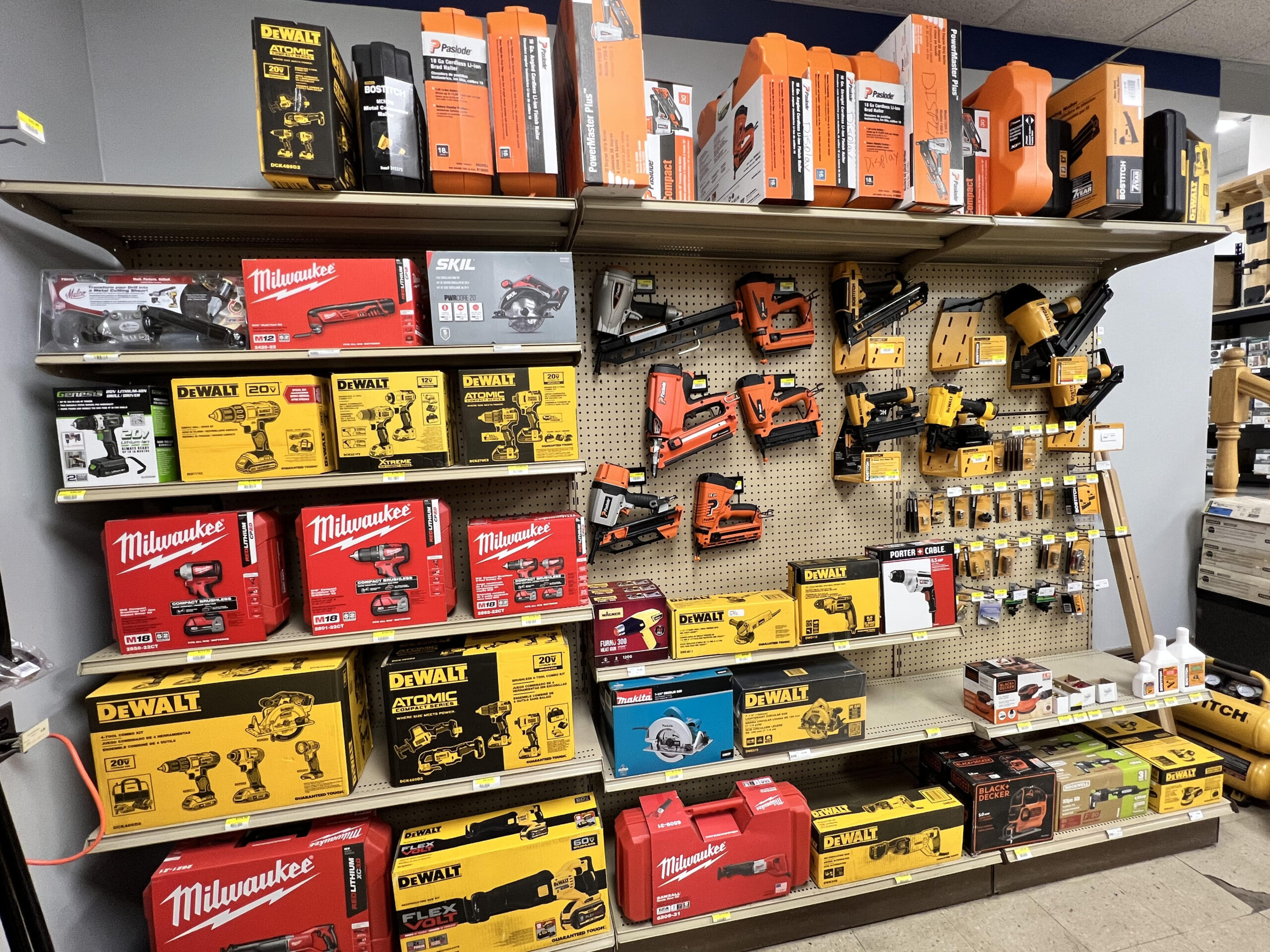 Assortment of DeWalt and Milwaukee products